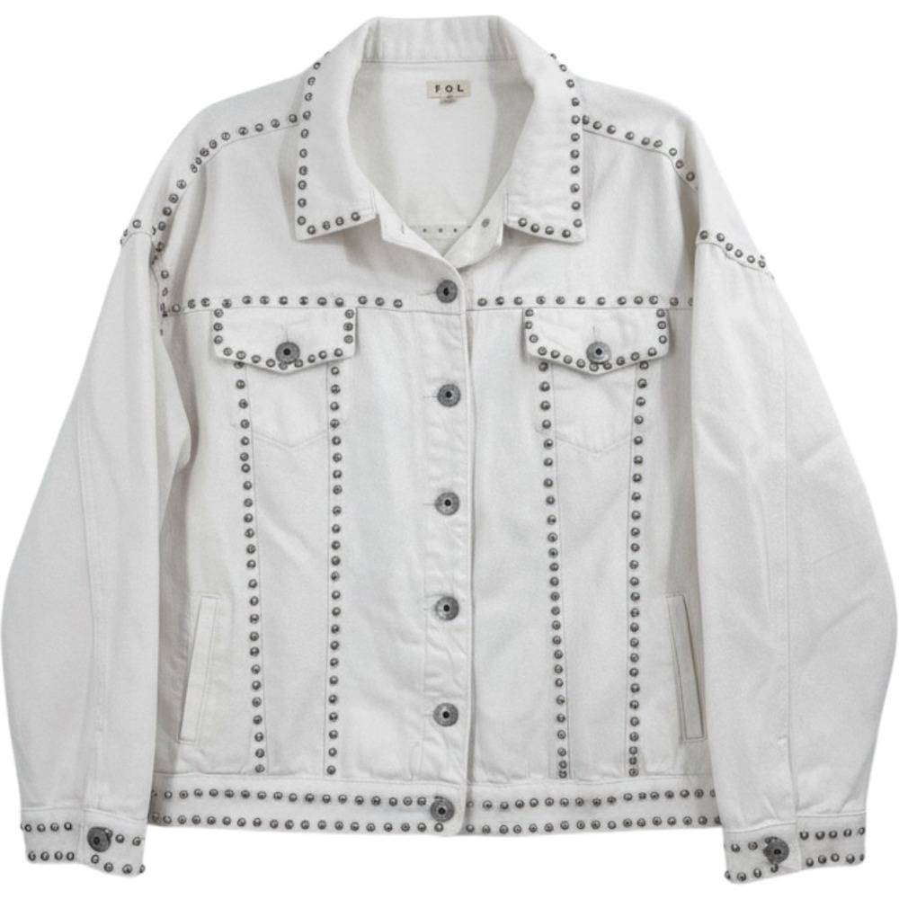 POL Fully Studded White Denim Jacket Large Silver Stud Embellished Cotton Coat